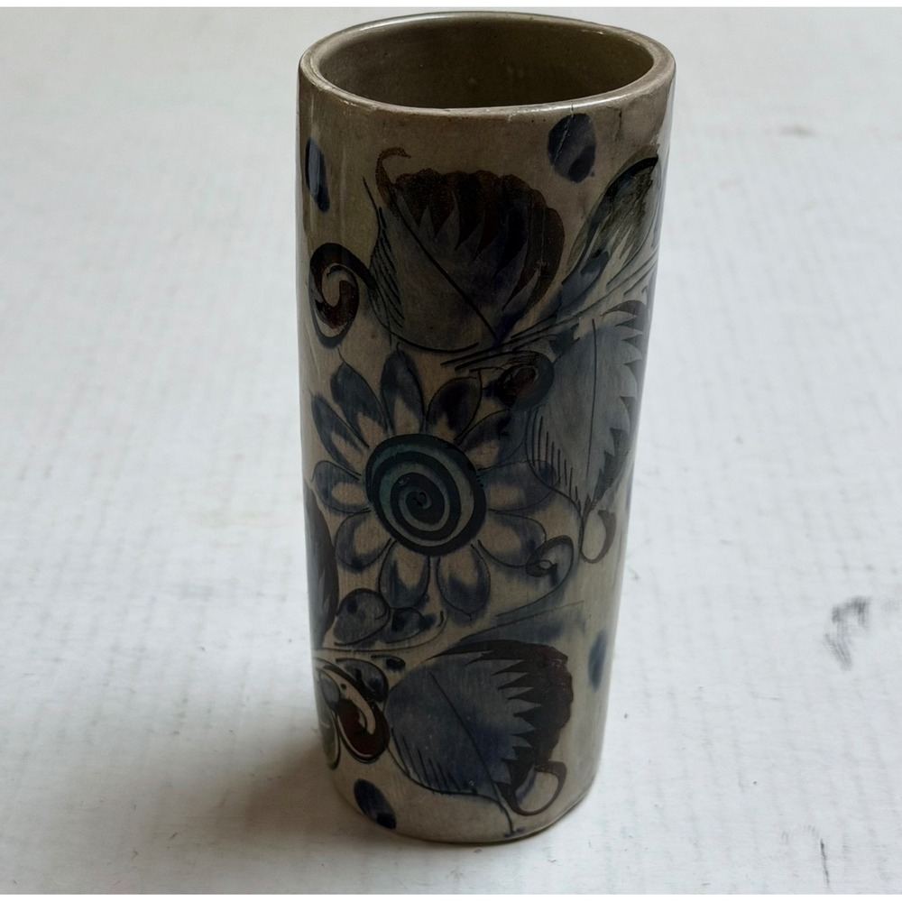 Vintage Mexican Tonala Pottery Vase Hand Painted Floral Cylinder Stoneware
